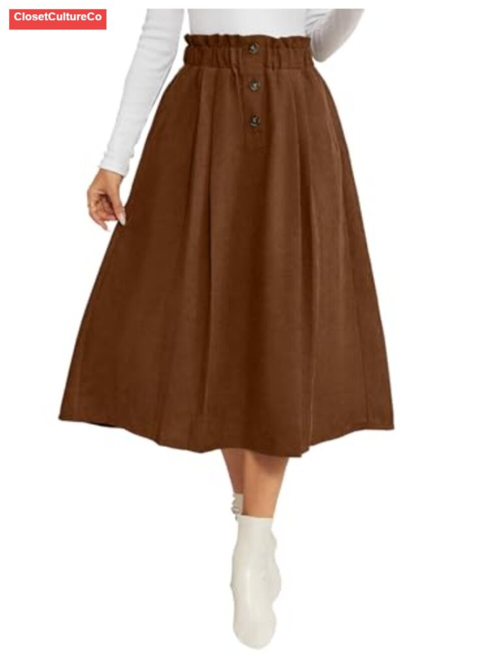 Corduroy Midi Skirt High Waisted A-Line Pleated Flared Hem